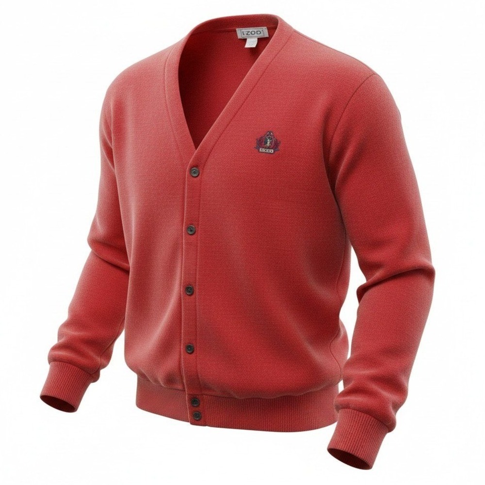 IZOD Cardigan Sweater Mens XL Red Vintage Crest Logo V-Neck Acrylic USA